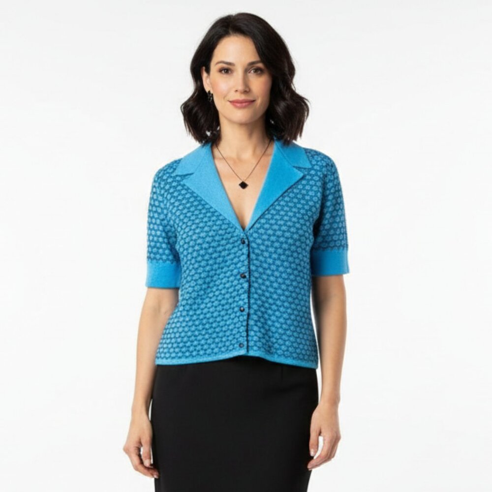 San Remo Blue & Black Print Knit Button Close Cardigan Sweater L